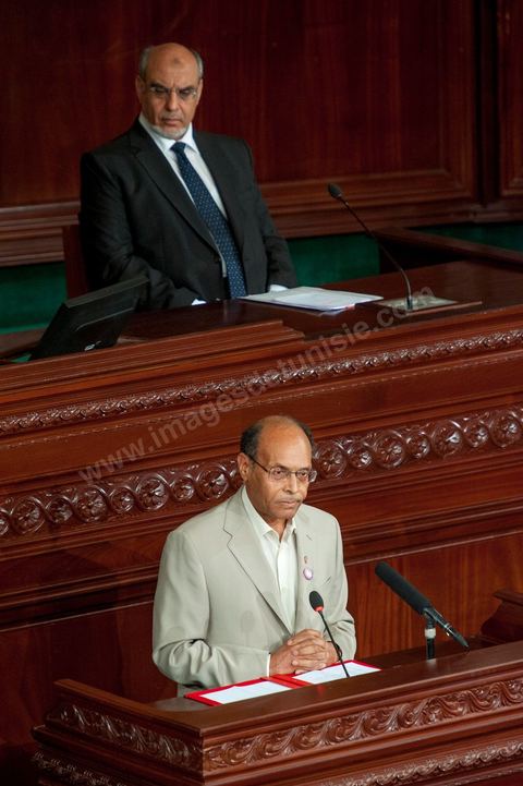 25 juillet : en bas en discours Moncef Marzouki, Président de la République et Hammadi Jebali , Président du gouvernement au perchoir de l'ANC pour la commémoration du 55ème anniversaire de la République tunisienne avec les discours des 3 présidents à l'Assemblée Nationale Constituante.