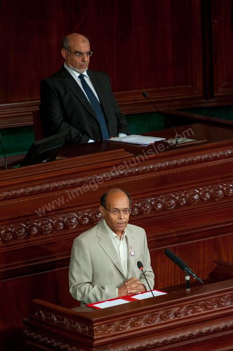 25 juillet : en bas en discours Moncef Marzouki, Président de la République et Hammadi Jebali , Président du gouvernement au perchoir de l'ANC pour la commémoration du 55ème anniversaire de la République tunisienne avec les discours des 3 présidents à l'Assemblée Nationale Constituante.