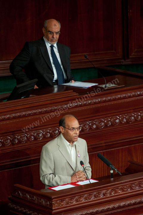 25 juillet : en bas en discours Moncef Marzouki, Président de la République et Hammadi Jebali , Président du gouvernement au perchoir de l'ANC pour la commémoration du 55ème anniversaire de la République tunisienne avec les discours des 3 présidents à l'Assemblée Nationale Constituante.
