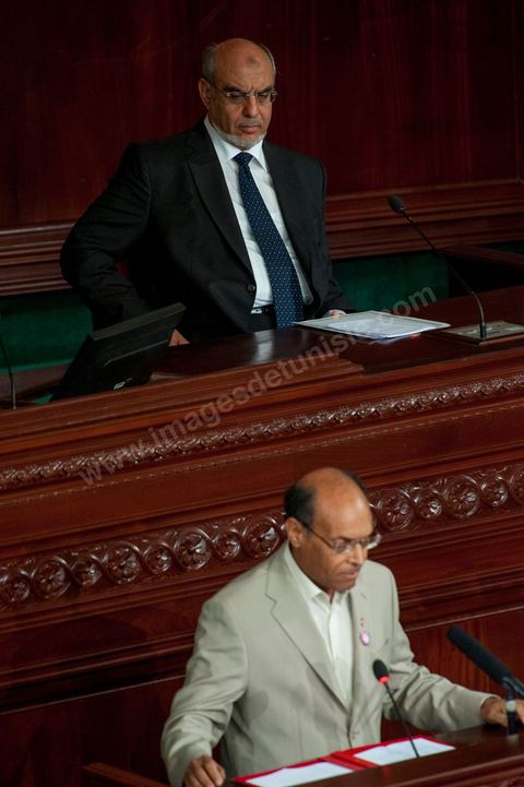 25 juillet : en bas en discours Moncef Marzouki, Président de la République et Hammadi Jebali , Président du gouvernement au perchoir de l'ANC pour la commémoration du 55ème anniversaire de la République tunisienne avec les discours des 3 présidents à l'Assemblée Nationale Constituante.