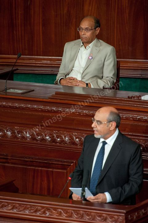 25 juillet : en bas en discours Hammadi Jebali , Président du gouvernement et Moncef Marzouki, Président de la République au perchoir de l'ANC pour la commémoration du 55ème anniversaire de la République tunisienne avec les discours des 3 présidents à l'Assemblée Nationale Constituante.