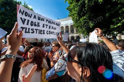 October 2, 2012: A rally organized by women’s and human rights groups took place in front of the Tunis courthouse in support of the Tunis couple who were summoned to appear before a judge this morning. The woman who was raped by police officers and her fiancé were questioned this morning by an investigating judge in Tunis, who must decide whether or not to charge her with “indecent exposure.” Following a questioning session lasting more than two hours conducted by Mohamed Ben Meftah, the victim’s lawyers said they were “optimistic” that the charges against their client and her fiancé for this offense—which carries a sentence of up to six months in prison—would be dropped. The investigating judge must decide in the coming hours or days whether to “dismiss the case or refer it to the appropriate court.”