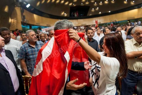 October 7, 2012: Hamma Hammami attended the major inaugural rally this Sunday to launch the Popular Front, the left-wing political party created following the unification of about ten left-wing parties under the leadership of figures such as Hamma Hammami and Chokri Belaïd.  “The Popular Front is the best alternative to govern the country during the next phase and achieve the goals of the revolution, thanks to its clear platform and high level of expertise,” stated Hamma Hammami, Secretary-General of the Tunisian Labor Party, who will be the Popular Front’s presidential candidate. “The Front will enter the upcoming elections armed with an effective monetary, fiscal, and social approach and real solutions to all the problems facing the Tunisian people.”