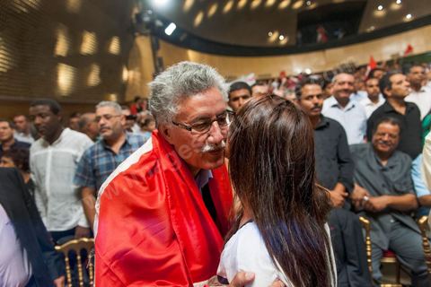 October 7, 2012: Hamma Hammami attended the major inaugural rally this Sunday to launch the Popular Front, the left-wing political party created following the unification of about ten left-wing parties under the leadership of figures such as Hamma Hammami and Chokri Belaïd.  “The Popular Front is the best alternative to govern the country during the next phase and achieve the goals of the revolution, thanks to its clear platform and high level of expertise,” stated Hamma Hammami, Secretary-General of the Tunisian Labor Party, who will be the Popular Front’s presidential candidate. “The Front will enter the upcoming elections armed with an effective monetary, fiscal, and social approach and real solutions to all the problems facing the Tunisian people.”