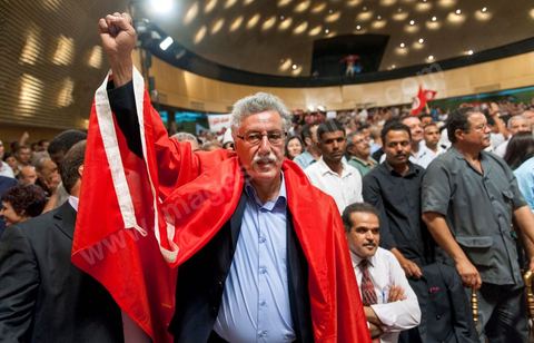 October 7, 2012: Hamma Hammami attended the major inaugural rally this Sunday to launch the Popular Front, the left-wing political party created following the unification of about ten left-wing parties under the leadership of figures such as Hamma Hammami and Chokri Belaïd.  “The Popular Front is the best alternative to govern the country during the next phase and achieve the goals of the revolution, thanks to its clear platform and high level of expertise,” stated Hamma Hammami, Secretary-General of the Tunisian Labor Party, who will be the Popular Front’s presidential candidate. “The Front will enter the upcoming elections armed with an effective monetary, fiscal, and social approach and real solutions to all the problems facing the Tunisian people.”