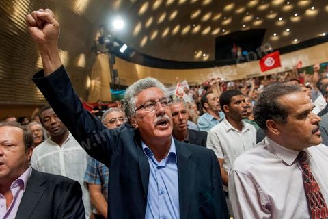 October 7, 2012: Hamma Hammami attended the major inaugural rally this Sunday to launch the Popular Front, the left-wing political party created following the unification of about ten left-wing parties under the leadership of figures such as Hamma Hammami and Chokri Belaïd.  “The Popular Front is the best alternative to govern the country during the next phase and achieve the goals of the revolution, thanks to its clear platform and high level of expertise,” stated Hamma Hammami, Secretary-General of the Tunisian Labor Party, who will be the Popular Front’s presidential candidate. “The Front will enter the upcoming elections armed with an effective monetary, fiscal, and social approach and real solutions to all the problems facing the Tunisian people.”