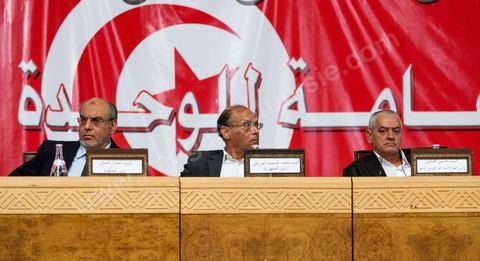 October 16, 2012: H. Jebali, Moncef Marzouki, and Houcine Abbassi attended the National Congress for Dialogue, a gathering of more than 40 parties that opened at the Palais des Congrès at the initiative of the General Union of Tunisian Workers (UGTT), to resolve the “tensions” that are delaying the drafting of the founding document of post-revolutionary Tunisia by the National Constituent Assembly (NCA). In a sign of ongoing conflicts, two of the three parties in the governing coalition—the Islamist Ennahda party and President Marzouki’s Congress for the Republic—announced on Monday that they would boycott the meeting due to the presence of a reviled opposition party, Nidaa Tounès 