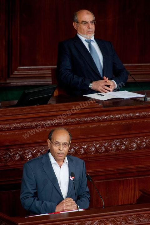 23 octobre 2012 : Discours des trois présidents, ici Moncef Marzouki et H. Jebali à la séance plénière solennelle de l’Assemblée Nationale Constituante pour le premier anniversaire des élections du 23 octobre 2011 en présence des trois présidents Moncef Marzouki, Président de la République, Hammadi Jebali, Président du Gouvernement et Mustapha Ben Jaafar, Président de l'Assemblée.