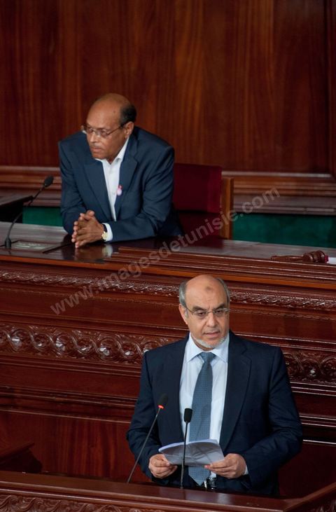 23 octobre 2012 : Discours des trois présidents, ici Moncef Marzouki et H. Jebali à la séance plénière solennelle de l’Assemblée Nationale Constituante pour le premier anniversaire des élections du 23 octobre 2011 en présence des trois présidents Moncef Marzouki, Président de la République, Hammadi Jebali, Président du Gouvernement et Mustapha Ben Jaafar, Président de l'Assemblée.