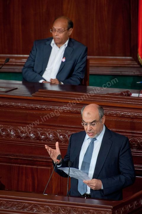23 octobre 2012 : Discours des trois présidents, ici Moncef Marzouki et H. Jebali à la séance plénière solennelle de l’Assemblée Nationale Constituante pour le premier anniversaire des élections du 23 octobre 2011 en présence des trois présidents Moncef Marzouki, Président de la République, Hammadi Jebali, Président du Gouvernement et Mustapha Ben Jaafar, Président de l'Assemblée.