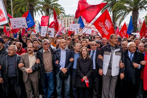 14 janvier 2013 : Leader de spartis progressistes et unis pour une grande manifestations, Al Joumhouri, Al Massar et le Front Populaire. Entre l'avenue Habib Bourguiba et la place du 14 janvier, les tunisiens sont venus commémorer, dans une ambiance politique tendue, le deuxième anniversaire d ela Révolution marqué en 2011 par la fuite de l'ancien président Ben Ali.