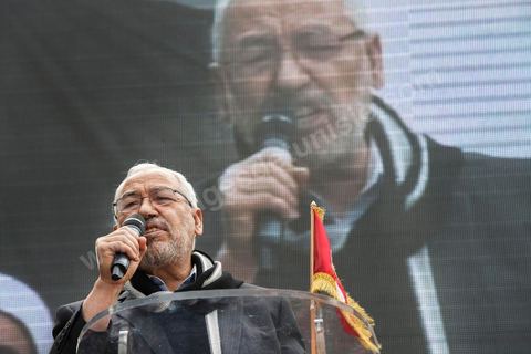 16 février 2013Rached Ghannouchi, président d'Ennahdha, à la Manifestation organisée le 16 février 2013 pour défendre la légitimité de l'Assemblée constituante et le principe d'un gouvernement politique.
