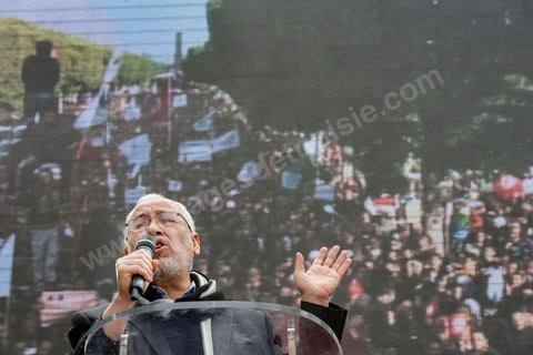 16 février 2013Rached Ghannouchi, président d'Ennahdha, à la Manifestation organisée le 16 février 2013 pour défendre la légitimité de l'Assemblée constituante et le principe d'un gouvernement politique.