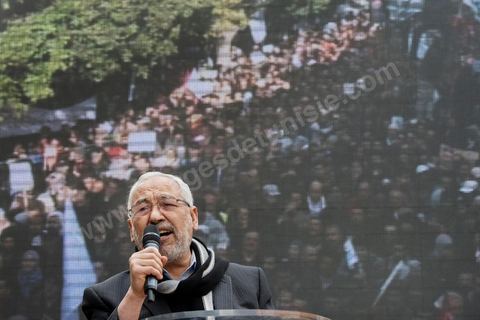16 février 2013Rached Ghannouchi, président d'Ennahdha, à la Manifestation organisée le 16 février 2013 pour défendre la légitimité de l'Assemblée constituante et le principe d'un gouvernement politique.