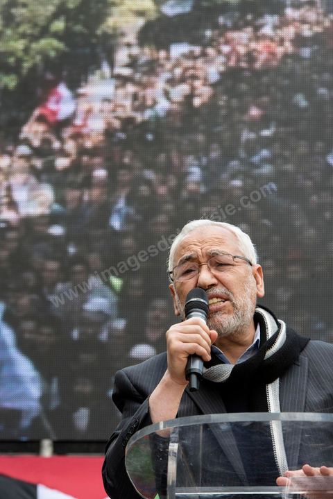 16 février 2013Rached Ghannouchi, président d'Ennahdha, à la Manifestation organisée le 16 février 2013 pour défendre la légitimité de l'Assemblée constituante et le principe d'un gouvernement politique.