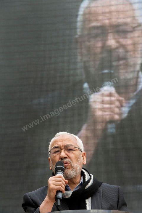 16 février 2013Rached Ghannouchi, président d'Ennahdha, à la Manifestation organisée le 16 février 2013 pour défendre la légitimité de l'Assemblée constituante et le principe d'un gouvernement politique.