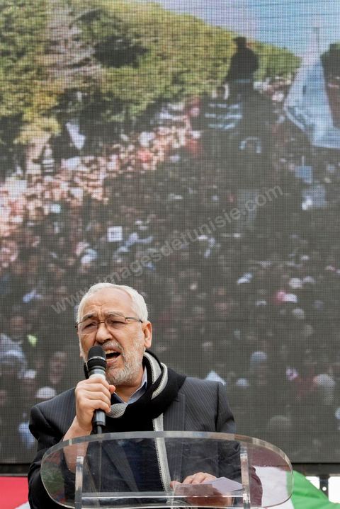 16 février 2013Rached Ghannouchi, président d'Ennahdha, à la Manifestation organisée le 16 février 2013 pour défendre la légitimité de l'Assemblée constituante et le principe d'un gouvernement politique.