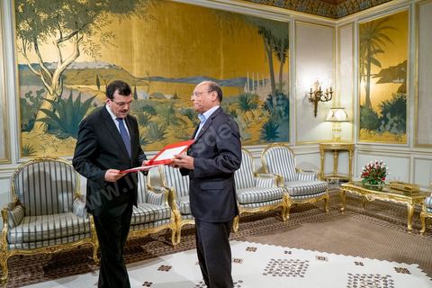 February 22, 2013: At the Presidential Palace in Carthage, Moncef Marzouki, President of the Republic, receives Ali Laryedh, the new Prime Minister, who was selected by the Ennahda Party. The President presents his decision to the Prime Minister. Ali Laryedh then delivers a speech. 
