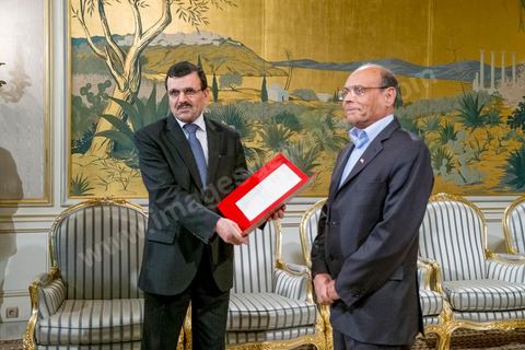 February 22, 2013: At the Presidential Palace in Carthage, Moncef Marzouki, President of the Republic, receives Ali Laryedh, the new Prime Minister, who was selected by the Ennahda Party. The President presents his decision to the Prime Minister. Ali Laryedh then delivers a speech. 