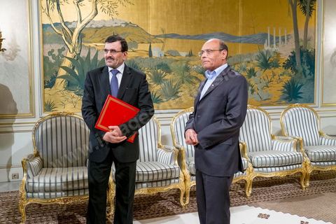 February 22, 2013: At the Presidential Palace in Carthage, Moncef Marzouki, President of the Republic, receives Ali Laryedh, the new Prime Minister, who was selected by the Ennahda Party. The President presents his decision to the Prime Minister. Ali Laryedh then delivers a speech. 