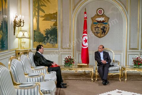 February 22, 2013: At the Presidential Palace in Carthage, Moncef Marzouki, President of the Republic, receives Ali Laryedh, the new Prime Minister, who was selected by the Ennahda Party. The President presents his decision to the Prime Minister. Ali Laryedh then delivers a speech. 