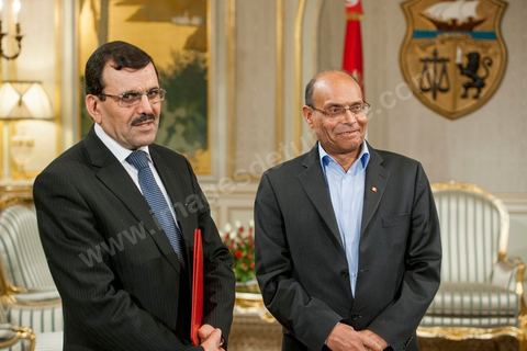 February 22, 2013: At the Presidential Palace in Carthage, Moncef Marzouki, President of the Republic, receives Ali Laryedh, the new Prime Minister, who was selected by the Ennahda Party. The President presents his decision to the Prime Minister. Ali Laryedh then delivers a speech. 
