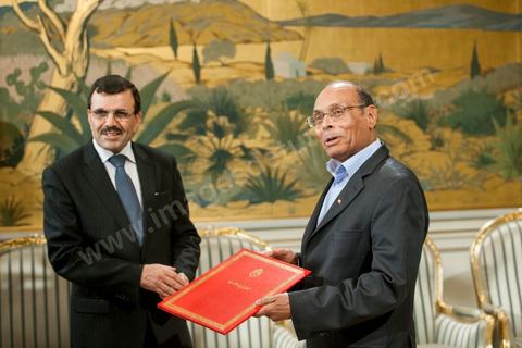 February 22, 2013: At the Presidential Palace in Carthage, Moncef Marzouki, President of the Republic, receives Ali Laryedh, the new Prime Minister, who was selected by the Ennahda Party. The President presents his decision to the Prime Minister. Ali Laryedh then delivers a speech. 