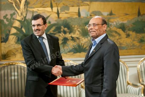 February 22, 2013: At the Presidential Palace in Carthage, Moncef Marzouki, President of the Republic, receives Ali Laryedh, the new Prime Minister, who was selected by the Ennahda Party. The President presents his decision to the Prime Minister. Ali Laryedh then delivers a speech. 