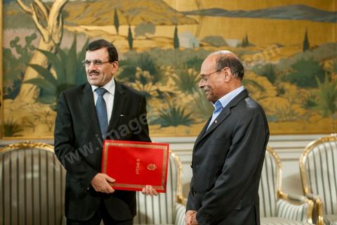 February 22, 2013: At the Presidential Palace in Carthage, Moncef Marzouki, President of the Republic, receives Ali Laryedh, the new Prime Minister, who was selected by the Ennahda Party. The President presents his decision to the Prime Minister. Ali Laryedh then delivers a speech. 