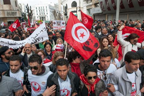 March 9, 2013: On Habib Bourguiba Avenue in Tunis, nearly 3,000 demonstrators gathered to commemorate International Women's Day and the death of Chokri Belaid on February 6. Several political figures, civil society activists, and artists answered the call issued by the UGTT Women’s Commission and other feminist organizations.