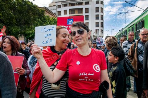 March 9, 2013: On Habib Bourguiba Avenue in Tunis, nearly 3,000 demonstrators gathered to commemorate International Women's Day and the death of Chokri Belaid on February 6. Several political figures, civil society activists, and artists answered the call issued by the UGTT Women’s Commission and other feminist organizations.