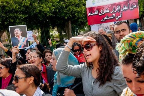 March 9, 2013: On Habib Bourguiba Avenue in Tunis, nearly 3,000 demonstrators gathered to commemorate International Women's Day and the death of Chokri Belaid on February 6. Several political figures, civil society activists, and artists answered the call issued by the UGTT Women’s Commission and other feminist organizations.