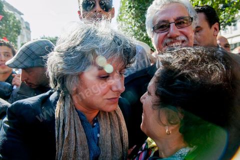 March 9, 2013: Basma Khalfaoui, widow of Chokri Belaid, Radhia Nasraoui, and Hamma Hamami on Habib Bourguiba Avenue in Tunis, along with nearly 3,000 protesters, gathered to commemorate International Women’s Day and the death of Chokri Belaid on February 6. Several political figures, civil society activists, and artists answered the call issued by the UGTT Women’s Commission and other feminist organizations.