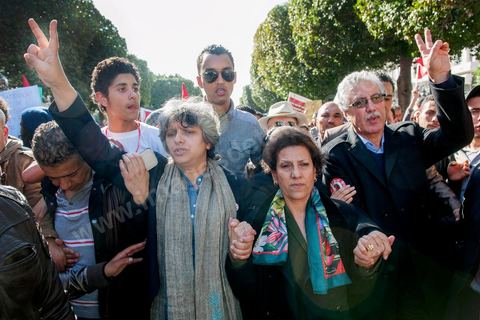 March 9, 2013: Basma Khalfaoui, widow of Chokri Belaid, Radhia Nasraoui, and Hamma Hamami on Habib Bourguiba Avenue in Tunis, along with nearly 3,000 protesters, gathered to commemorate International Women’s Day and the death of Chokri Belaid on February 6. Several political figures, civil society activists, and artists answered the call issued by the UGTT Women’s Commission and other feminist organizations.