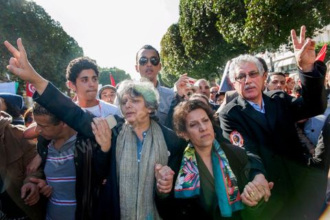 March 9, 2013: Basma Khalfaoui, widow of Chokri Belaid, Radhia Nasraoui, and Hamma Hamami on Habib Bourguiba Avenue in Tunis, along with nearly 3,000 protesters, gathered to commemorate International Women’s Day and the death of Chokri Belaid on February 6. Several political figures, civil society activists, and artists answered the call issued by the UGTT Women’s Commission and other feminist organizations.