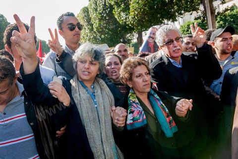 March 9, 2013: Basma Khalfaoui, widow of Chokri Belaid, Radhia Nasraoui, and Hamma Hamami on Habib Bourguiba Avenue in Tunis, along with nearly 3,000 protesters, gathered to commemorate International Women’s Day and the death of Chokri Belaid on February 6. Several political figures, civil society activists, and artists answered the call issued by the UGTT Women’s Commission and other feminist organizations.