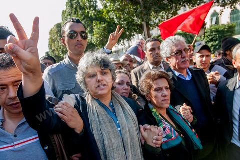 March 9, 2013: Basma Khalfaoui, widow of Chokri Belaid, Radhia Nasraoui, and Hamma Hamami on Habib Bourguiba Avenue in Tunis, along with nearly 3,000 protesters, gathered to commemorate International Women’s Day and the death of Chokri Belaid on February 6. Several political figures, civil society activists, and artists answered the call issued by the UGTT Women’s Commission and other feminist organizations.