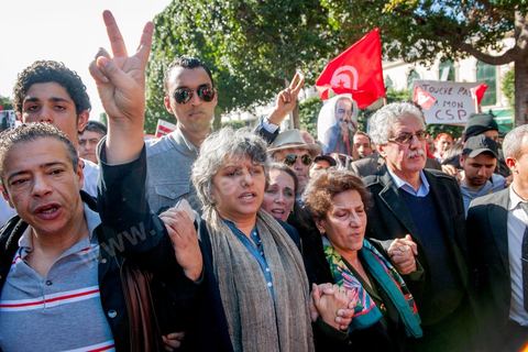 March 9, 2013: Basma Khalfaoui, widow of Chokri Belaid, Radhia Nasraoui, and Hamma Hamami on Habib Bourguiba Avenue in Tunis, along with nearly 3,000 protesters, gathered to commemorate International Women’s Day and the death of Chokri Belaid on February 6. Several political figures, civil society activists, and artists answered the call issued by the UGTT Women’s Commission and other feminist organizations.