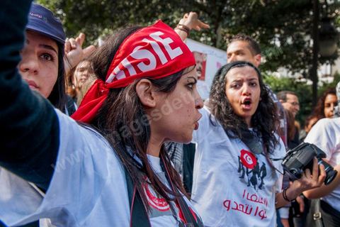 March 9, 2013: Lina Ben Mhenni on Habib Bourguiba Avenue in Tunis, where nearly 3,000 protesters gathered to commemorate Women’s Day and the death of Chokri Belaid on February 6. Several political figures, civil society activists, and artists answered the call issued by the UGTT Women’s Commission and other feminist organizations.