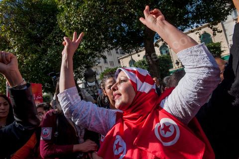 March 9, 2013: On Habib Bourguiba Avenue in Tunis, nearly 3,000 demonstrators gathered to commemorate International Women's Day and the death of Chokri Belaid on February 6. Several political figures, civil society activists, and artists answered the call issued by the UGTT Women’s Commission and other feminist organizations.