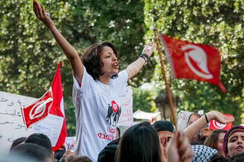 March 9, 2013: On Habib Bourguiba Avenue in Tunis, nearly 3,000 demonstrators gathered to commemorate International Women's Day and the death of Chokri Belaid on February 6. Several political figures, civil society activists, and artists answered the call issued by the UGTT Women’s Commission and other feminist organizations.