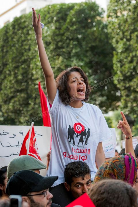 March 9, 2013: On Habib Bourguiba Avenue in Tunis, nearly 3,000 demonstrators gathered to commemorate International Women's Day and the death of Chokri Belaid on February 6. Several political figures, civil society activists, and artists answered the call issued by the UGTT Women’s Commission and other feminist organizations.