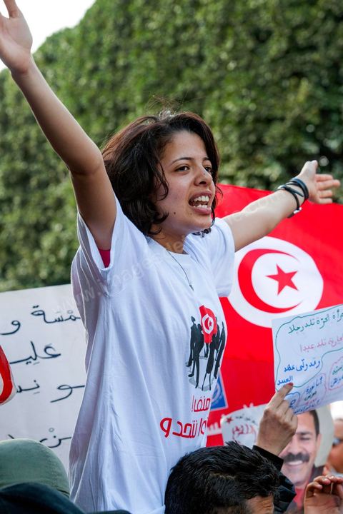 March 9, 2013: On Habib Bourguiba Avenue in Tunis, nearly 3,000 demonstrators gathered to commemorate International Women's Day and the death of Chokri Belaid on February 6. Several political figures, civil society activists, and artists answered the call issued by the UGTT Women’s Commission and other feminist organizations.