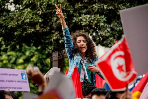 March 9, 2013: On Habib Bourguiba Avenue in Tunis, nearly 3,000 demonstrators gathered to commemorate International Women's Day and the death of Chokri Belaid on February 6. Several political figures, civil society activists, and artists answered the call issued by the UGTT Women’s Commission and other feminist organizations.