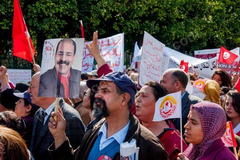 March 9, 2013: On Habib Bourguiba Avenue in Tunis, nearly 3,000 demonstrators gathered to commemorate International Women's Day and the death of Chokri Belaid on February 6. Several political figures, civil society activists, and artists answered the call issued by the UGTT Women’s Commission and other feminist organizations.