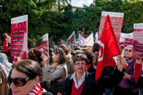 March 9, 2013: On Habib Bourguiba Avenue in Tunis, nearly 3,000 demonstrators gathered to commemorate International Women's Day and the death of Chokri Belaid on February 6. Several political figures, civil society activists, and artists answered the call issued by the UGTT Women’s Commission and other feminist organizations.