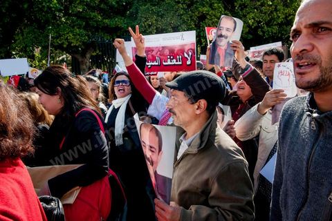 March 9, 2013: On Habib Bourguiba Avenue in Tunis, nearly 3,000 demonstrators gathered to commemorate International Women's Day and the death of Chokri Belaid on February 6. Several political figures, civil society activists, and artists answered the call issued by the UGTT Women’s Commission and other feminist organizations.