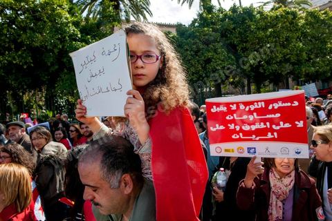 March 9, 2013: On Habib Bourguiba Avenue in Tunis, nearly 3,000 demonstrators gathered to commemorate International Women's Day and the death of Chokri Belaid on February 6. Several political figures, civil society activists, and artists answered the call issued by the UGTT Women’s Commission and other feminist organizations.