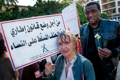 March 9, 2013: An activist with the ATFD (Tunisian Association of Democratic Women) on Habib Bourguiba Avenue in Tunis; nearly 3,000 demonstrators gathered to commemorate International Women’s Day and the death of Chokri Belaid on February 6. Several political figures, civil society activists, and artists answered the call of the UGTT Women’s Commission as well as other feminist organizations.