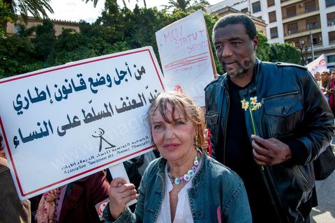March 9, 2013: An activist with the ATFD (Tunisian Association of Democratic Women) on Habib Bourguiba Avenue in Tunis; nearly 3,000 demonstrators gathered to commemorate International Women’s Day and the death of Chokri Belaid on February 6. Several political figures, civil society activists, and artists answered the call of the UGTT Women’s Commission as well as other feminist organizations.